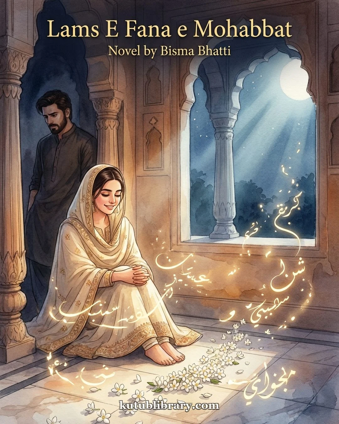 Lams e Fana e Mohabbat Urdu novel by Bisma Bhatti, cover art showing the hero and heroine within their forced marriage home