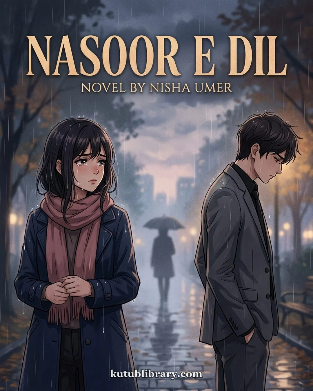 Nasoor e Dil Urdu novel by Nisha Umer, cover art showing Anzla and Zaroon standing apart in the rain