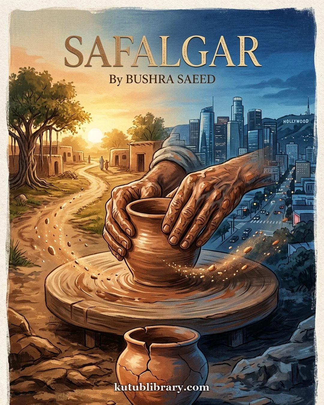 Safalgar Urdu novel by Bushra Saeed, cover art showing a potter's hands shaping a clay vessel