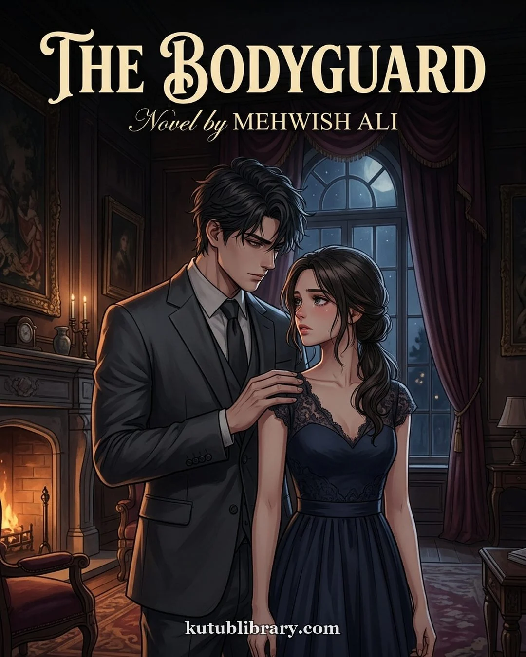 The Bodyguard Urdu novel by Mehwish Ali, cover art showing the bodyguard standing behind the heroine in a dimly lit mansion room
