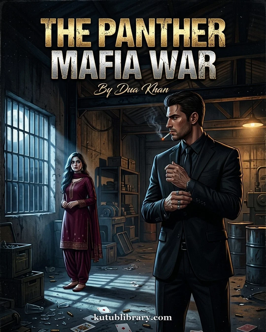 The Panther Mafia War Urdu novel by Dua Khan, cover art showing Shehram and the heroine in a warehouse